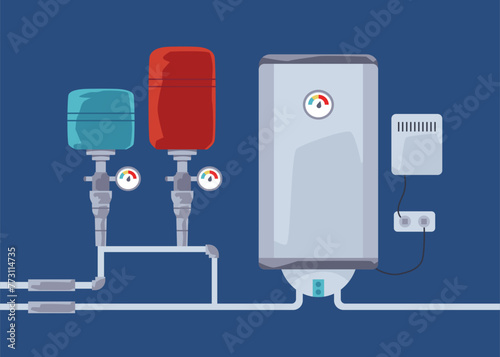 Vector illustration of electric or gas metal water heating equipment: boiler and tanks with pipes