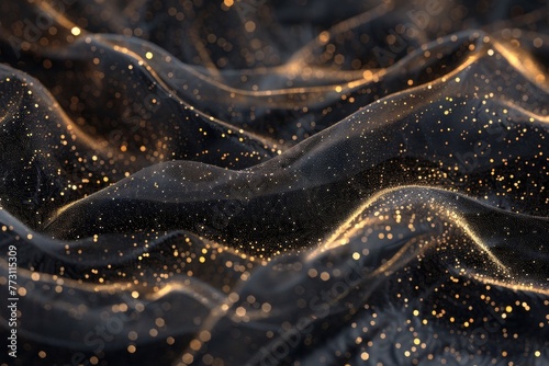 Close up of black and gold wallpaper. Abstract background with black color and gold glitter waves. The contrast between the dark black and shining gold creates a sophisticated and elegant aesthetic.