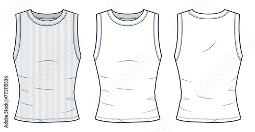 Tank Top technical fashion illustration. T-Shirt fashion flat technical drawing template, round neckline, front and back view, slim fit, ribbed, white, women, men, unisex CAD mockup set.