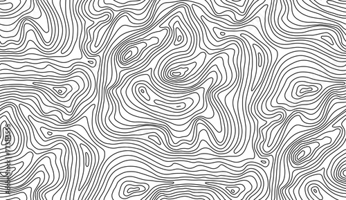 Seamless topographic map texture. Line topography map contour background, geographic grid. Mountain hiking trail over terrain.