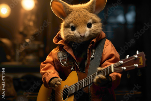 A brown surface highlighting a baby kangaroo in a rockstar outfit, playing a mini guitar.