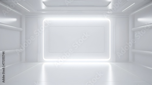 Futuristic 3D Neon Tunnel with Illuminated Abstract White Space and Minimal Interior Design