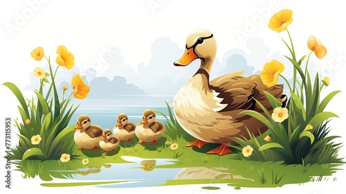 Happy yellow duck family with duckling in lake. ,symbolic of peaceful animal family portrait group trust safety harmony