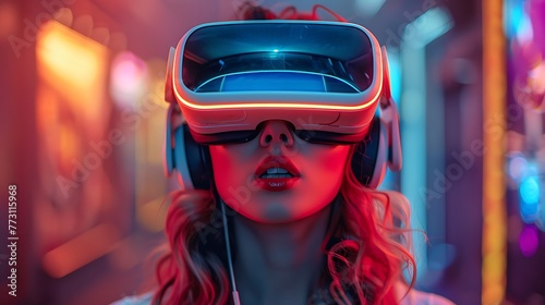  Young Woman in VR glasses futuristic Gaming entertainment concept background AI generated