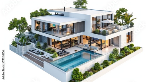 .3D rendering of a modern comfortable house with swimming pool, house, luxury, villa, modern, architecture, building, exterior, residential, property, designer © pinkrabbit