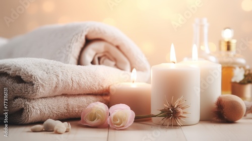 Beautiful spa treatment composition such as Towels  candles  essential oils  Massage Stones on light wooden background. blur living room  natural creams and moisturizing Healthy lifestyle  body care