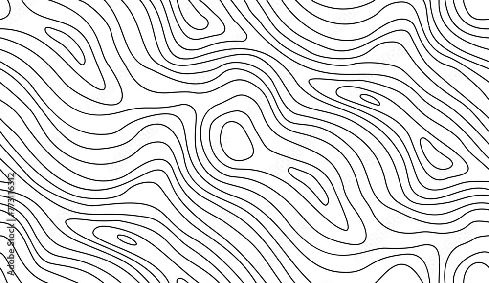 Seamless topographic map texture. Line topography map contour background, geographic grid. Mountain hiking trail over terrain.