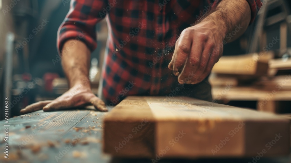 close up man owner a small furniture business is preparing wood for production. carpenter male is adjust wood to the desired size. architect, designer