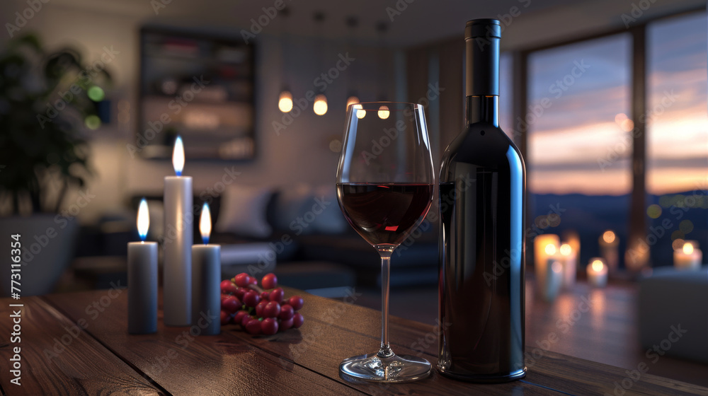 A full glass of red wine sits beside a bottle and lit candles on a wooden table in a home setting.
