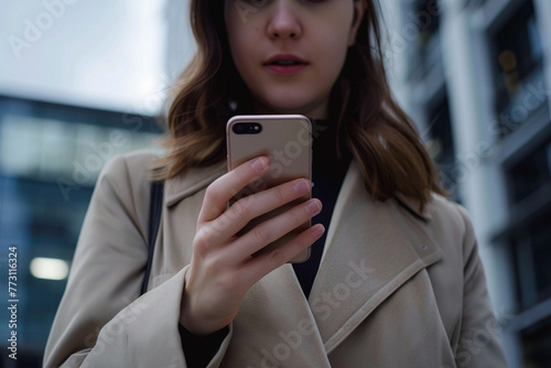 AI Generated businesswoman is using a smartphone and focus on it.