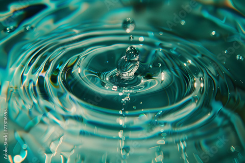 Close-up of water droplets creating ripples on the surface, conveying calmness and freshness.