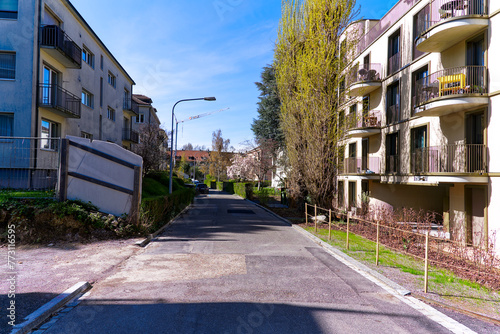 Apartment buildings at Probusweg at Swiss City of Zürich on a sunny spring day. Photo taken March 31st, 2024, Zurich, Switzerland.