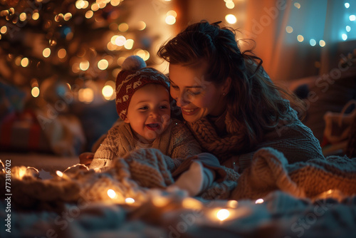 Warm family moment with mother and child during festive season, ideal for holiday themes.