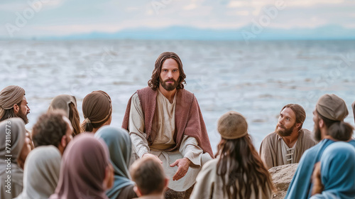 Jesus preaches the word of the Lord to a crowd of believers. The crowd, captivated by Jesus' divine presence, is moved by the profound truths he shares with them.