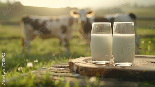 A serene scene with two full glasses of milk on a rustic wooden table against a sunrise over a pastoral field with cows.