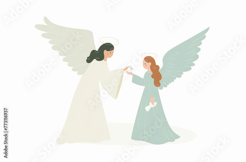 A simple illustration of an angel giving Mary, mother of Jesus, an egg with white color.