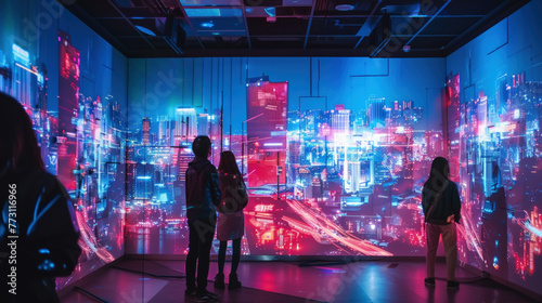 A couple stands in awe before a vibrant, neon-lit display simulating a futuristic urban skyline