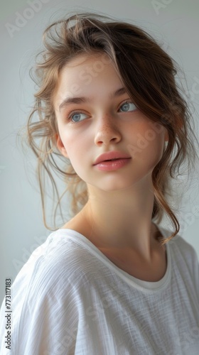 portrait of a beautiful young caucasian white American model teen girl looking forward. child ad with copy space  children  beauty  pretty
