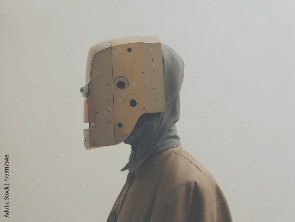 Φωτογραφία Obscured Portrait of a Mysterious Robotic Figure in a Concrete and Wooden Mask A