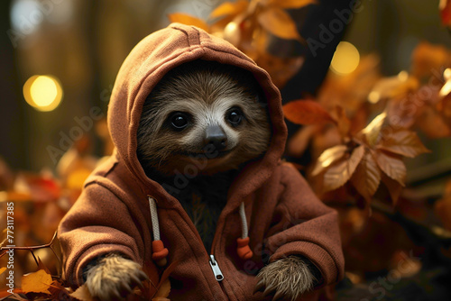 A brown baby sloth in a cozy onesie, hanging from a branch against a warm brown forest backdrop.