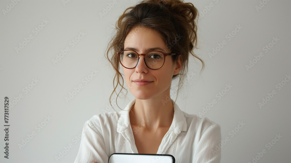 portrait Woman with a tablet in her hands remembers the company on white background professional photography