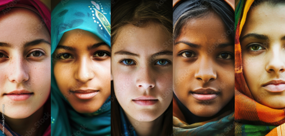 A diverse group of women wearing headscarves and scarves are seen together in a gathering A diverse group of women wearing headscarves and scarves are seen together in a gathering
