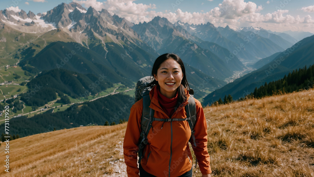 Ragazza di origini asiatichei sorride felice mentre cammina durante un trekking estivo in montagna su un sentiero delle Alpi
