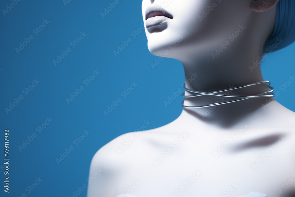 Close up portrait Asian woman wearing white lipstick, natural make up, lower part of face. Minimal concept of skin care cosmetics, bihaku style and beauty. Pastel blue color background with copy space Close up portrait Asian woman wearing white lipstick, natural make up, lower part of face. Minimal concept of skin care cosmetics, bihaku style and beauty. Pastel blue color background with copy space