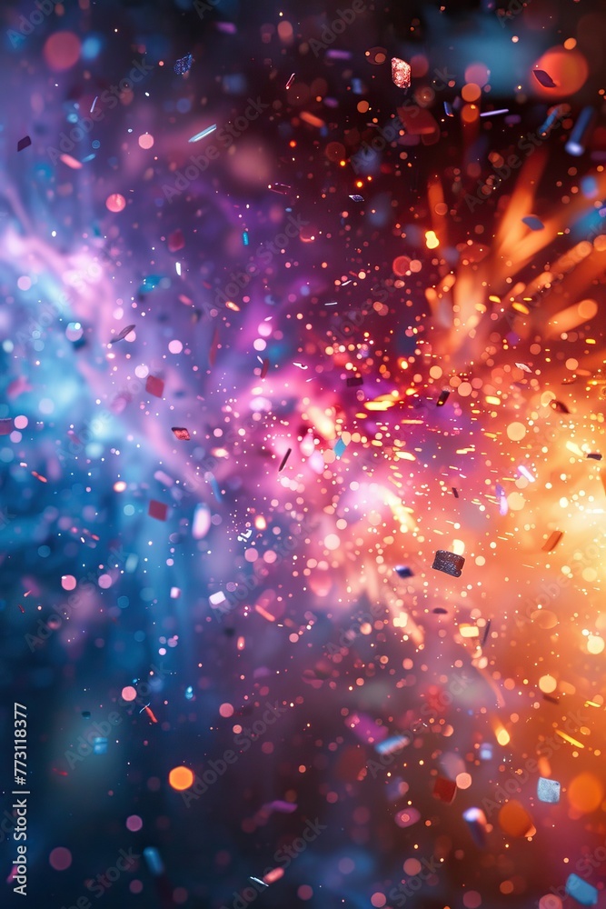 A colorful explosion of confetti with a blue and purple background