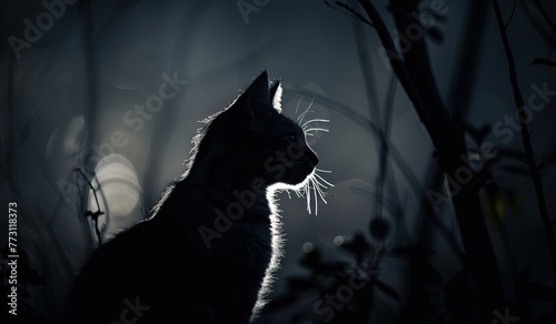 Silhouette of a cat against the night sky. The concept of mystery and tranquility.