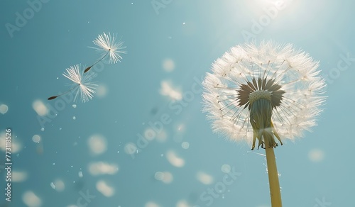 A dandelion with flying seeds against a blue sky. The concept of beginnings and hope.