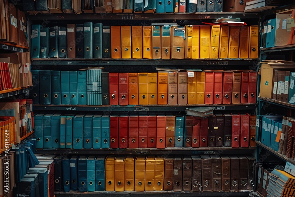 Organized file binders on shelves of an office Organized file binders on shelves of an office