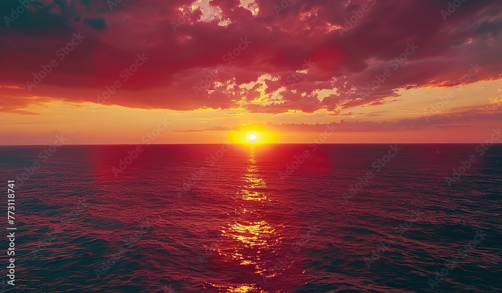 Sunset over the ocean with sun reflection. Serenity and meditation concept.