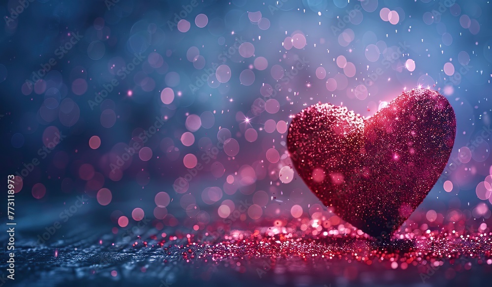 Red heart on a background of blue bokeh and bright lights. The concept of deep feelings. Red heart on a background of blue bokeh and bright lights. The concept of deep feelings.