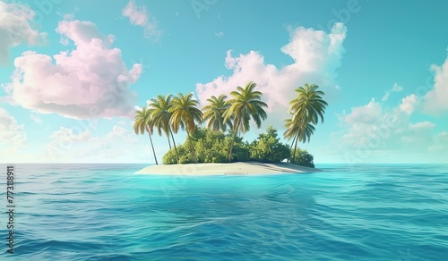 Tropical island with palm trees in the blue sea. The concept of relaxation and paradise seclusion.
