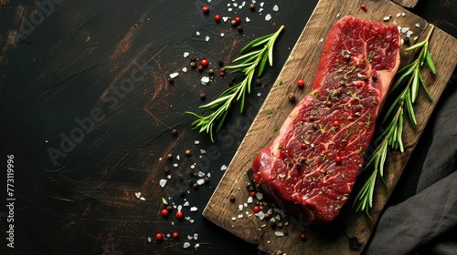 A slab of meat with a sprinkle of pepper and rosemary on top. The meat is on a wooden cutting board