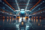 Passenger airplane on maintenance in airport hangar