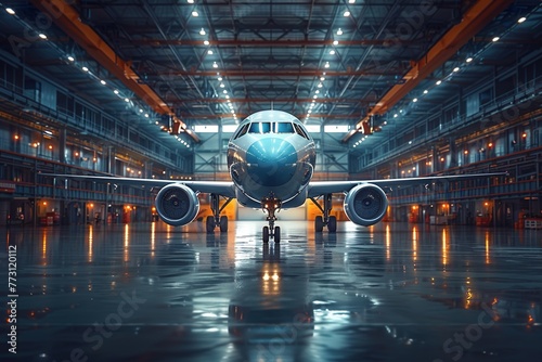 Passenger airplane on maintenance in airport hangar