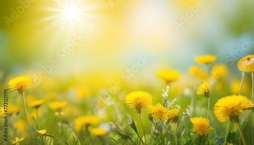 Beautiful colorful summer spring natural flower background in the form of a banner. Wildflowers and yellow dandelions on a bright sunny day with beautiful bokeh. © Alamin