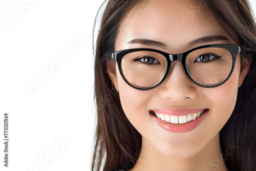  Variation 3dCloseup portrait of smiling beautiful Asian woman wearing glasses isolated on white background,