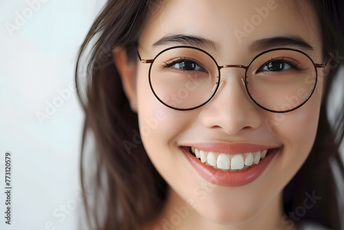  Variation 3dCloseup portrait of smiling beautiful Asian woman wearing glasses isolated on white background,