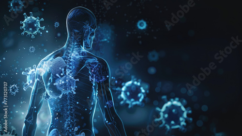 illustration of the human body with blue color and show some virus cells spreading in it