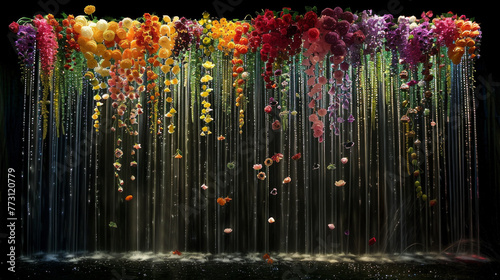 A colorful display of flowers cascading down a wall