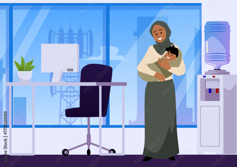 Fototapeta premium Muslim mother employee holding a newborn baby, vector Islamic business woman in hijab takes care of infant in the office