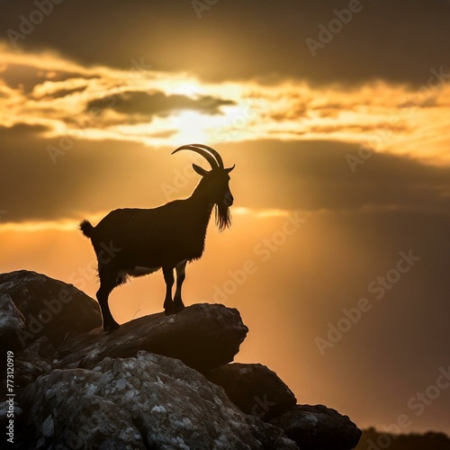 mountain goat on the sunset.A dramatic depiction of a solitary goat standing on a rocky outcrop, silhouetted against the setting sun, conveying a sense of solitude and resilience.
