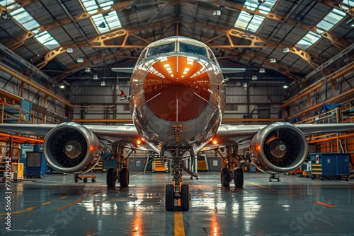 Passenger airplane on maintenance in airport hangar