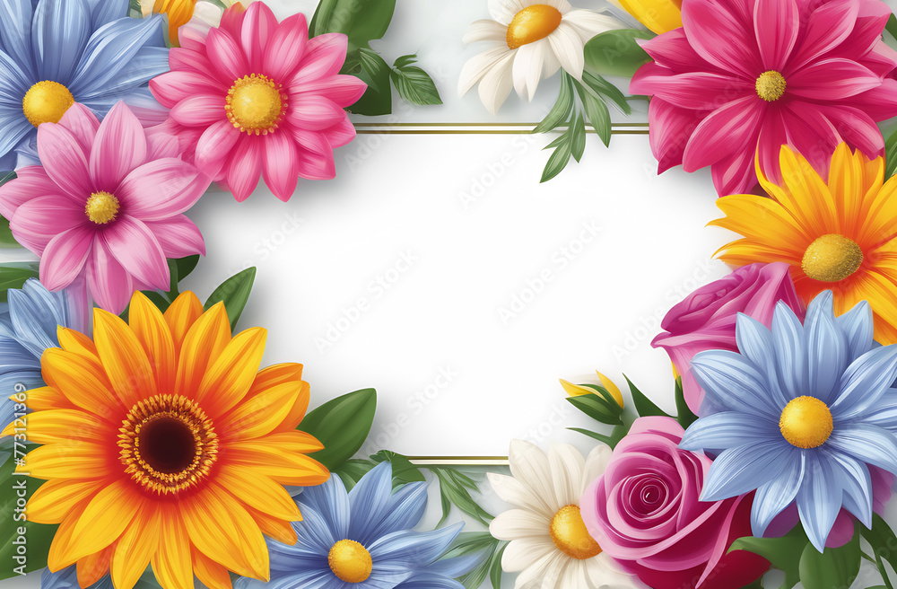 Frame of different flowers, copy space, white background
