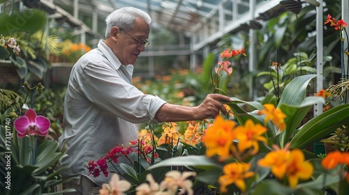 Colombiano empresario inspeccionando exuberantes flores exticas en un invernadero frondoso captando la belleza y vitalidad de la horticultura © R Studio