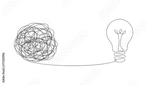 A tangled ball of threads untangling into a lamp. Vector illustration in line art style