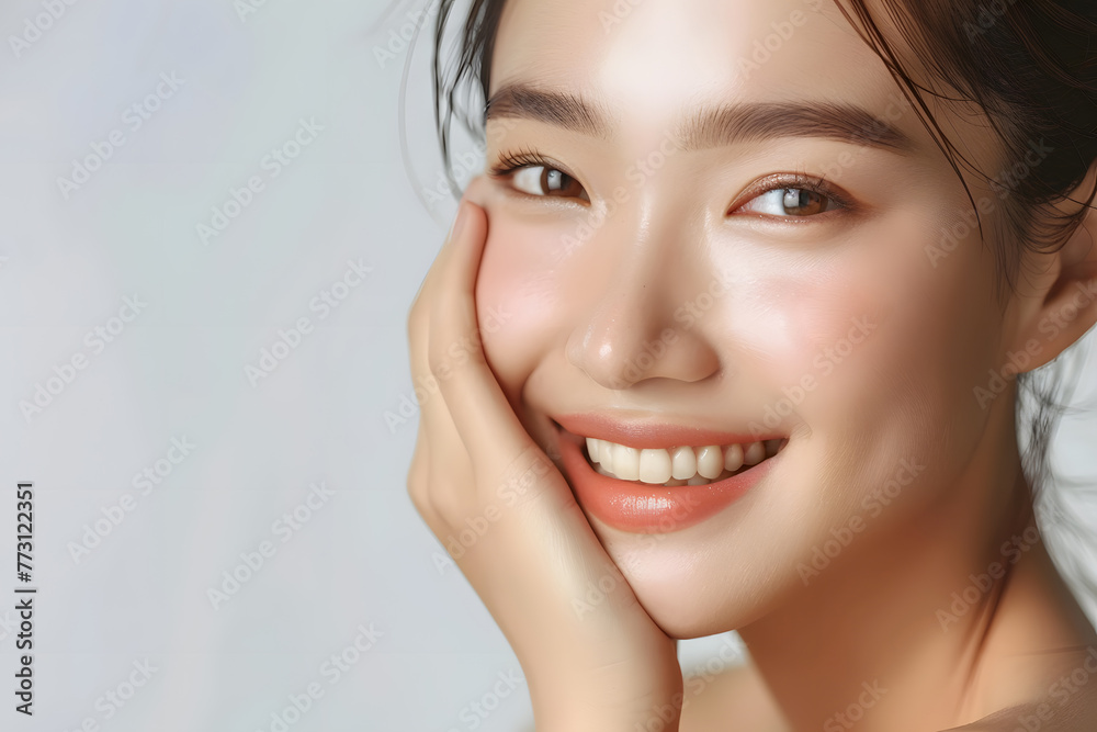 Young Asian woman touch face with smooth healthy skin Young Asian woman touch face with smooth healthy skin